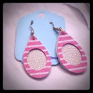 Faux Leather Pink/white Stripe Teardrop Earrings